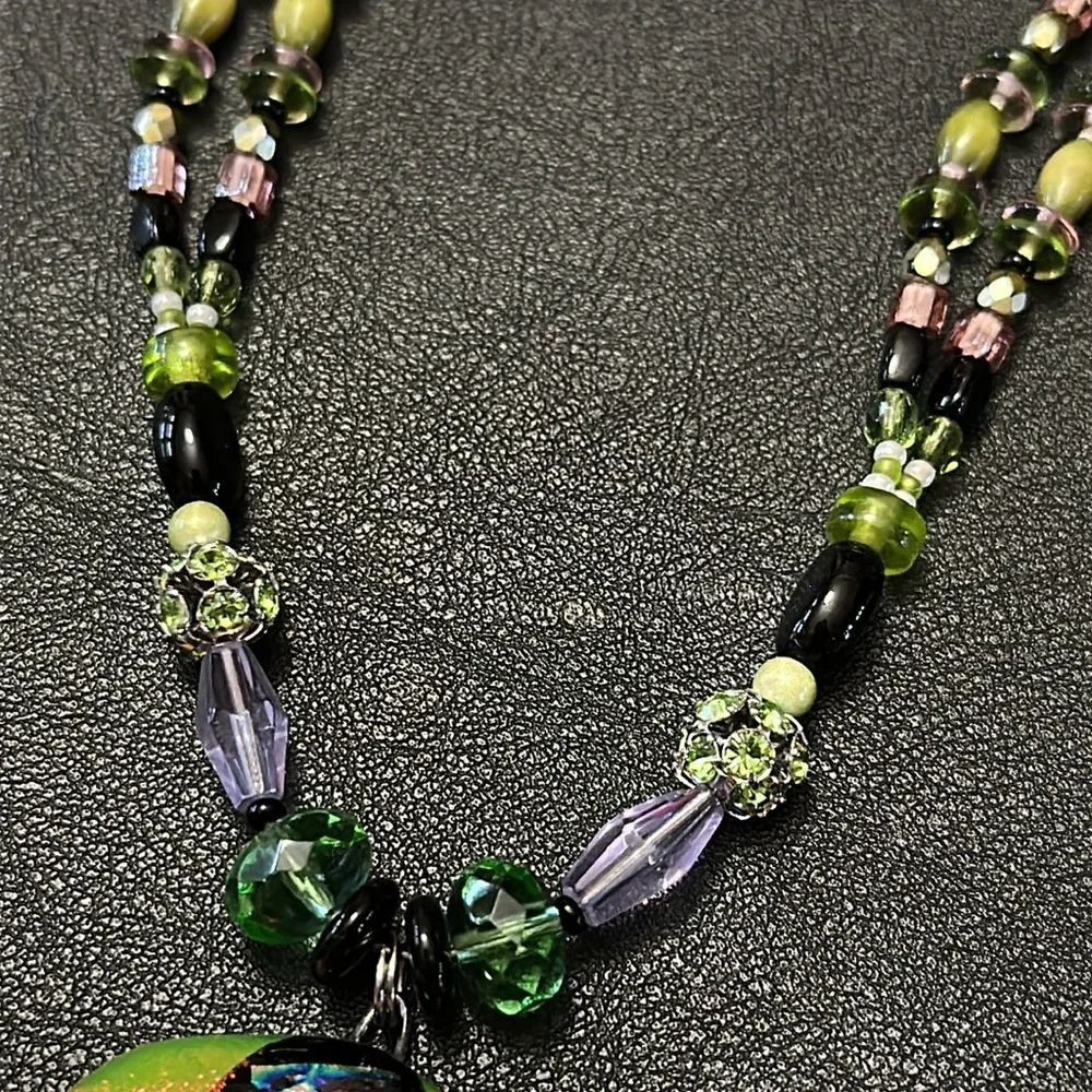 Dichroic Glass Pendant & Glass Beads Shepherd Hook Necklace